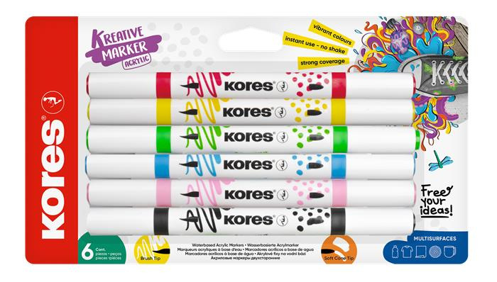 Dekoračný popisovač, sada, akrylový, 1-2 mm, obojstranný, KORES " K-Kreative", 6 rôznych f