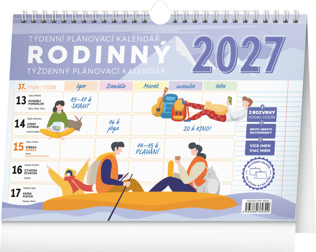 NOTIQUE Týždenný rodinný plánovací kalendár s háčikom CZ/SK 2027, 30 x 21 cm