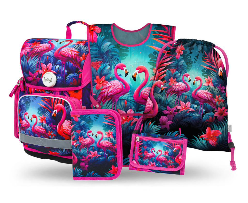 BAAGL SADA 5 Ergo Plameniaky: aktovka, peračník, vrecko, zástera, peňaženka