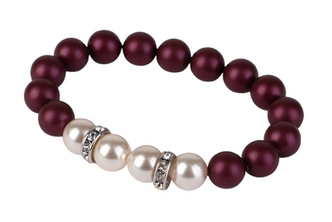 ART CRYSTELLA Náramok, z bordovo fialových a bielych SWAROVSKI® perál, s bielym rondella krištáľom, 10