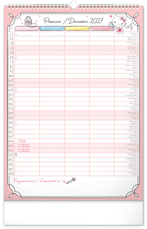 NOTIQUE Nástenný kalendár Rodinný plánovací Hello Kitty XL CZ/SK 2027, 33 x 46 cm 12