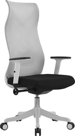 . Kancelárska otočná stolička, operadlo zo svetlošedej sieťoviny, čierne sedadlo, biely plas