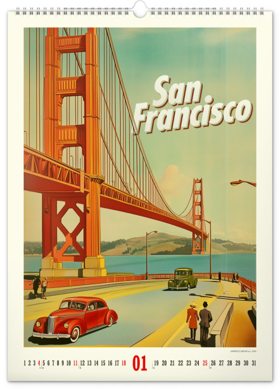 NOTIQUE Nástenný kalendár Vintage plagáty – svetové mestá 2026, 33 x 46 cm 1