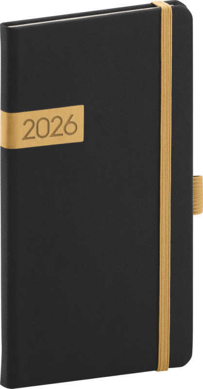 NOTIQUE Vreckový diár Twill 2026, čierno-zlatý, 9 x 15,5 cm