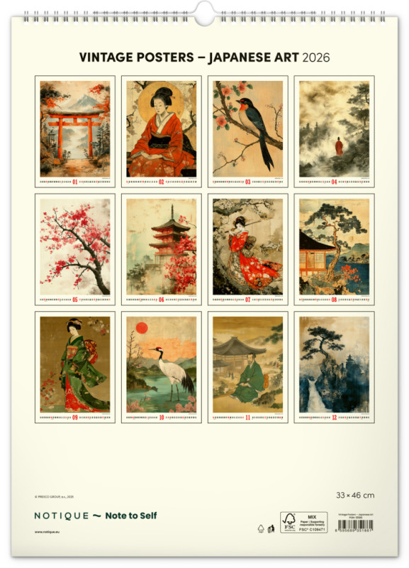 NOTIQUE Nástenný kalendár Vintage plagáty – japonské umenie 2026, 33 x 46 cm 13