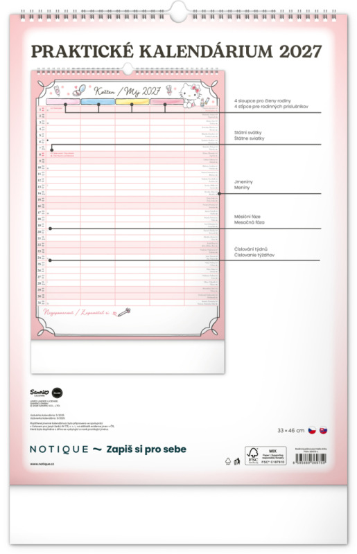 NOTIQUE Nástenný kalendár Rodinný plánovací Hello Kitty XL CZ/SK 2027, 33 x 46 cm 13