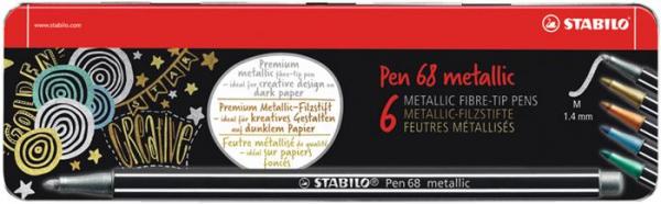 Popisovač, sada, 1,4 mm, kovová krabica, STABILO "Pen 68 metallic", 6 rôznych farieb