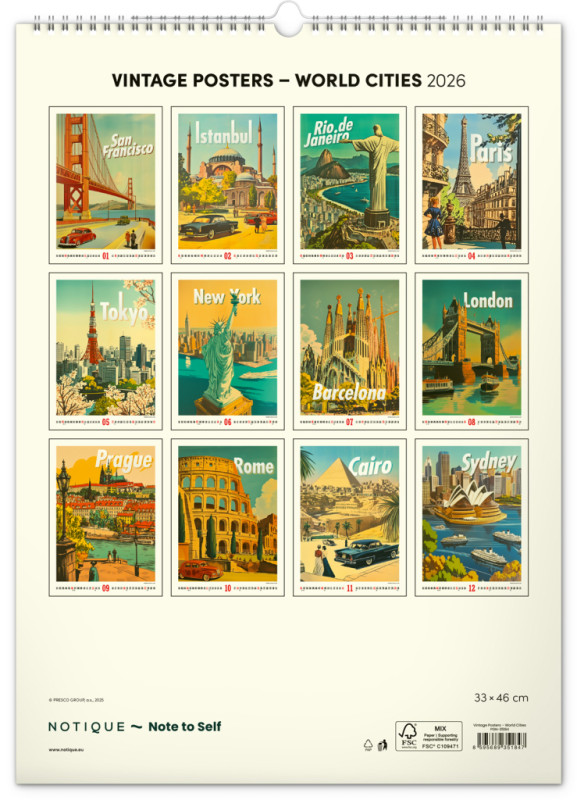 NOTIQUE Nástenný kalendár Vintage plagáty – svetové mestá 2026, 33 x 46 cm 13