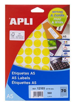 Etikety, okrúhle, priemer: 19 mm, farebné, na liste formátu A5, APLI, žlté, 560 etikiet/ba