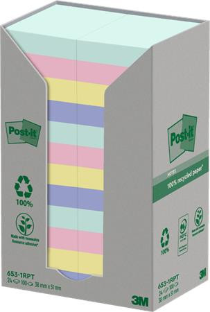 Samolepiaci bloček, 38x51 mm, 24x100 listov, ekologický, 3M POSTIT "Nature", mix pastelový