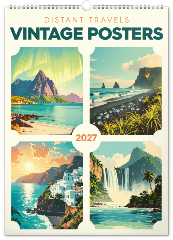 NOTIQUE Nástenný kalendár Vintage plagáty – ďaleké kraje 2027, 33 x 46 cm