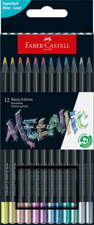 Farebné ceruzky, sada, trojhranné, FABER-CASTELL "Black Edition", 12 rôznych kovových far 1