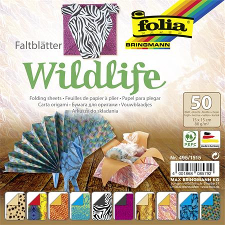 Origami papier, 15x15 cm, 80 g, 50 listov, FOLIA "Wildlife", 10 rôznych vzorov 1