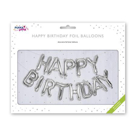 Balón, 40 cm, PUKKA PAD "Happy Birthday", strieborná