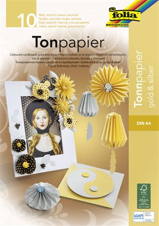Farebný papier, A4, 130 g, 10 listov, FOLIA, zlatý-strieborný