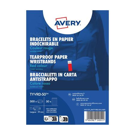Identifikačný náramok, odolný proti roztrhnutiu,, 265x19 mm, AVERY ZWECKFORM "Tyvek", červ