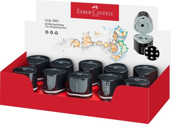 Strúhadlo, displej, trojdierové, so zásobníkom, FABER-CASTELL "Grip 2001 Trio", čierne