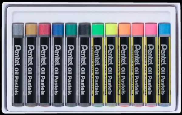 Olejové kriedy, PENTEL, "Arts", 12 rôznych fluo a metalických farieb