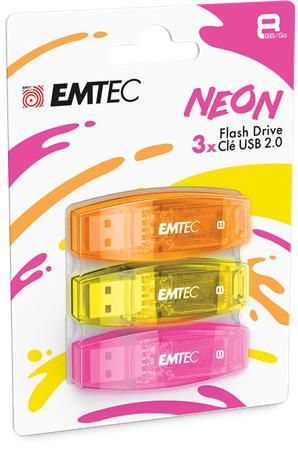 USB kľúč, 8GB, 3 ks, USB 2.0, EMTEC "C410 Neon", oranžová, žltá, ružová
