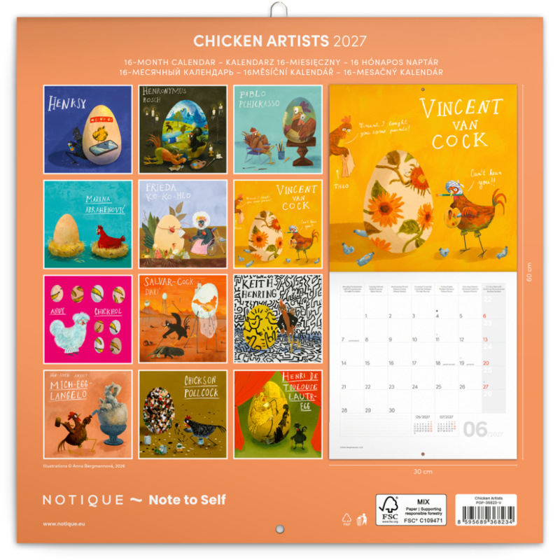 NOTIQUE Poznámkový kalendár Chicken Artists 2027, 30 x 30 cm 14