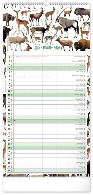 NOTIQUE Nástenný kalendár Rodinný plánovací Animalium CZ/SK 2026, 21 x 42 cm 1