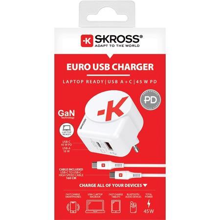 Sieťová nabíjačka, 1xUSB-A, 1xUSB-C, PD, 45W, GaN, USB-C kábel, SKROSS 5