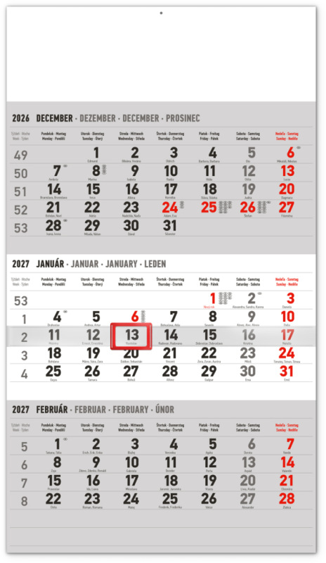 NOTIQUE Nástenný kalendár 3-mesačný štandard sivý – so slovenskými menami 2027, 29,5 x 43
