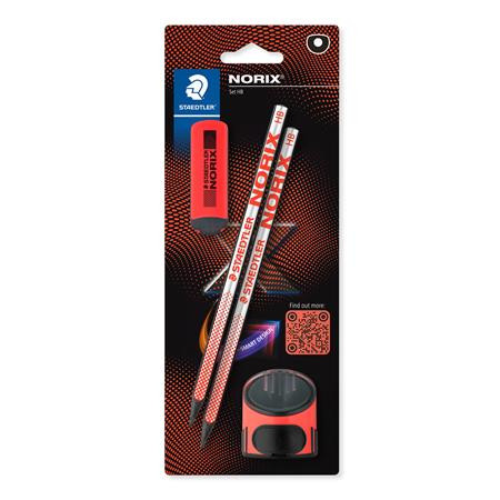 Sada grafitových ceruziek so strúhadlom a gumou, tvrdosť HB, STAEDTLER "Norix® 181", koral