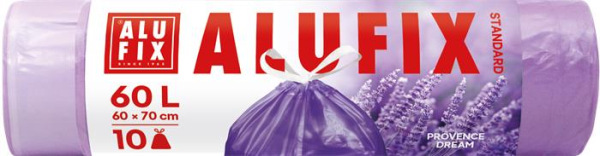 Vrecia na odpadky, zaťahovacie, parfumované, 60 l, 10 ks, 60x70 cm, 15 µ, ALUFIX, levanduľ
