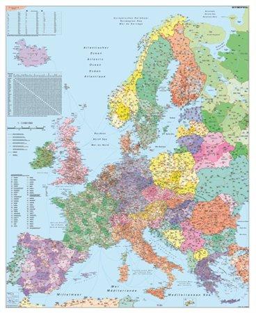 Nástenná mapa, 100x140 cm, kovová lišta, Európa, smerové čísla, STIEFEL