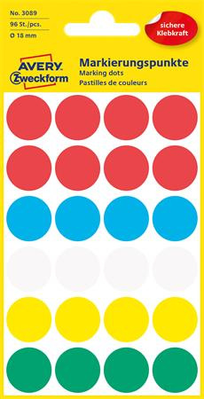 Etikety, okrúhle, priemer: 18 mm, AVERY ZWECKFORM, 5 rôznych farieb, 96 etikiet/bal 2