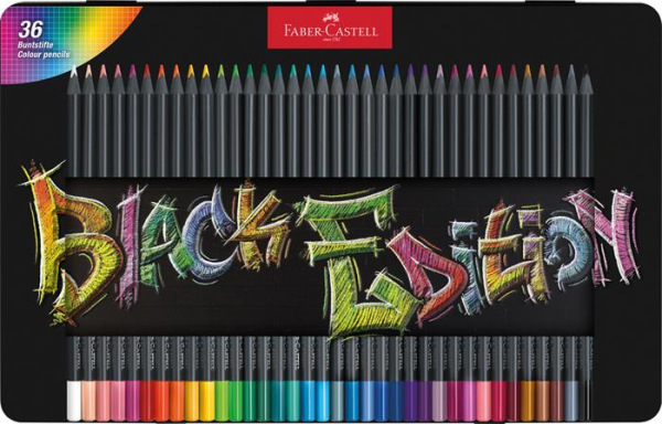 Farebné ceruzky, sada, trojhranné, v plechovej krabičke, FABER-CASTELL "Black Edition", 36 1