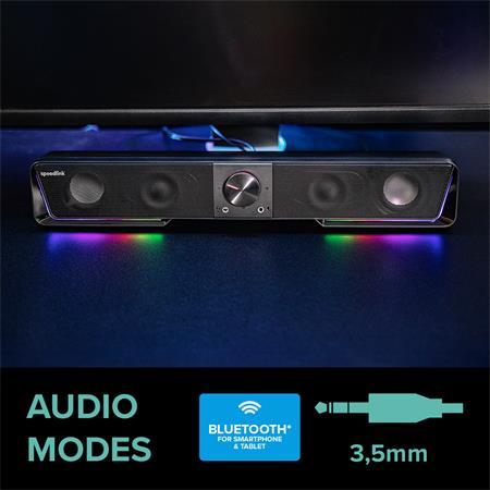 Reproduktor, 12W, 2x3.5 mm jack + USB-A, SPEEDLINK "GRAVITY RGB Stereo Soundbar", čierna