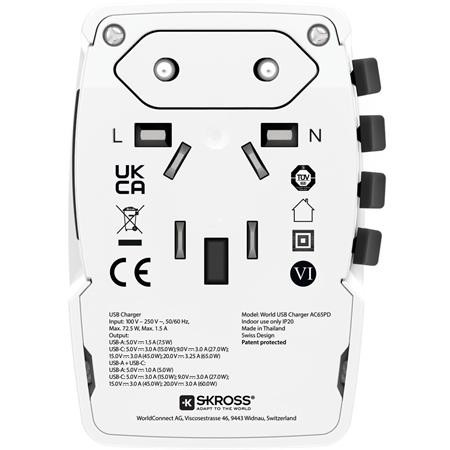 Sieťová nabíjačka pre cestovateľov, 1× USB-A, 1× USB-C PD, 65 W, USB-C kábel, SKROSS 3