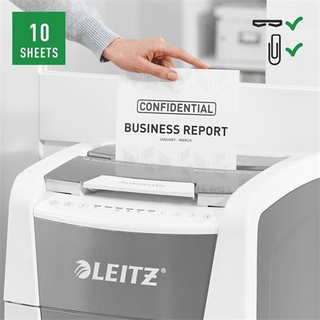 Skartovací stroj, konfetti, 300 listov, LEITZ "IQ AutoFeed Office 300 P4 Pro"