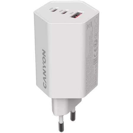 Sieťová nabíjačka, 1×USB-A, 2×USB-C, 65 W, CANYON „Hexagon 65“, biela