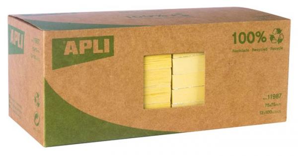 Samolepiaci bloček, 75x75 mm, 100 listov, z recyklovaného papiera, APLI, žltý