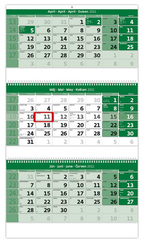 Trojmesačný kalendár zelený so špirálou a s menným kalendáriom