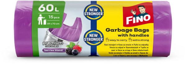 Vrecia na odpadky, s uškom, parfumované, 60 l, 15 ks, 59x70 cm, 16 µ, FINO "Premium handle 1