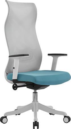 . Kancelárska otočná stolička, operadlo zo svetlošedej sieťoviny, tyrkysové sedadlo, biely p
