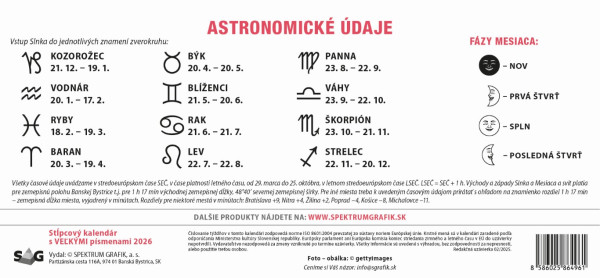 Stolový kalendár Stĺpcový kalendár s veľkými písmenami 2026 2