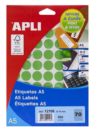 Etikety, okrúhle, priemer: 19 mm, farebné, na liste formátu A5, APLI, zelené, 560 etikiet/