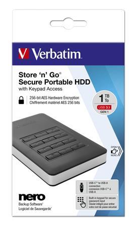2,5" HDD (pevný disk), 1TB, USB 3.1, heslové šifrovanie, VERBATIM "Secure Portable", čiern