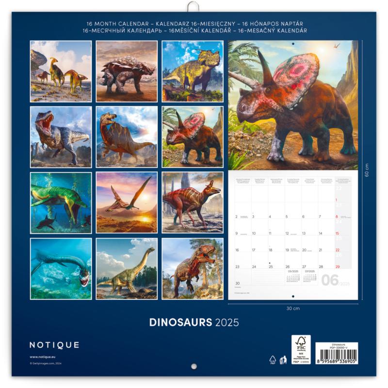 NOTIQUE Poznámkový kalendár Dinosaury 2025, 30 x 30 cm