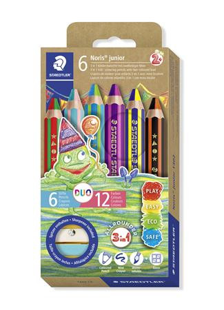 Farebné ceruzky, sada, dvojfarebné, so strúhadlom, STAEDTLER "Noris® junior 140", 6 rôznyc