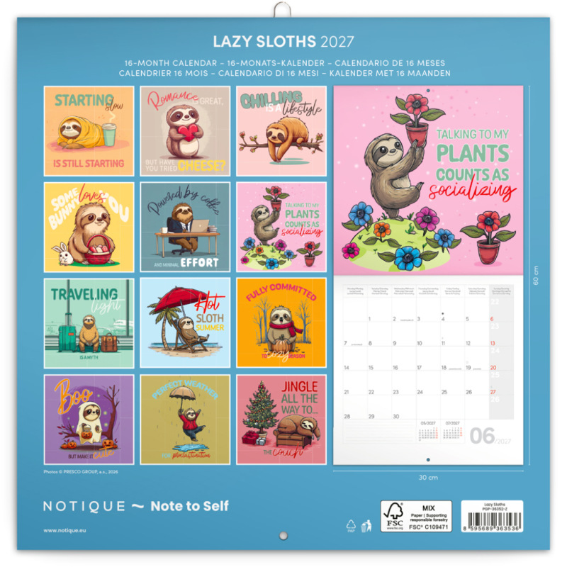 NOTIQUE Grid calendar Lazy Sloths 2027, 30 x 30 cm 14