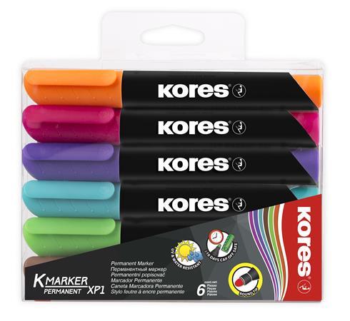 Permanentný popisovač, 3-5 mm, kužeľový hrot, KORES "K-Marker", 6 rôznych farieb