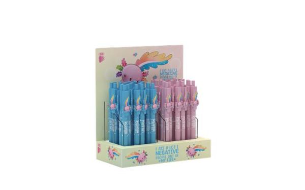 Guľôčkové pero, displej, 0,8 mm, stláčací mechanizmus, mix, ICO "Axolotl", modré 1