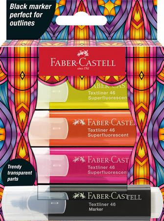Zvýrazňovač, sada, FABER-CASTELL "Glassy", 3 rôzne neónové farby + čierna