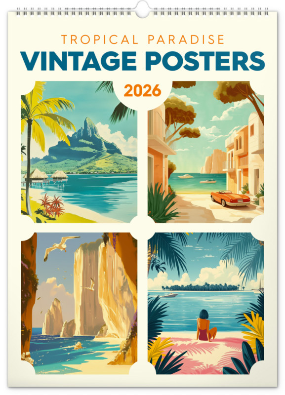 NOTIQUE Nástenný kalendár Vintage plagáty – tropické raje 2026, 33 x 46 cm